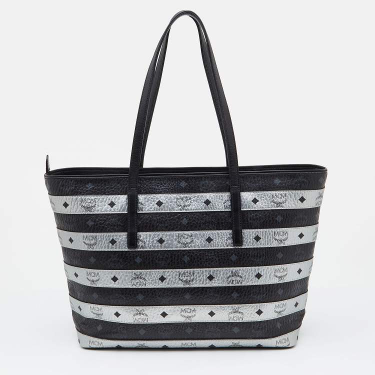 Pre Owned MCM Black/Silver Visetos Coated Canvas and Leather Shopper Tote