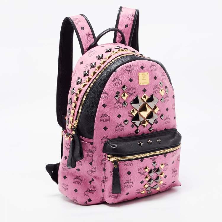Pre Owned MCM Black/Pink Visetos Leather Large Studded Stark Backpack