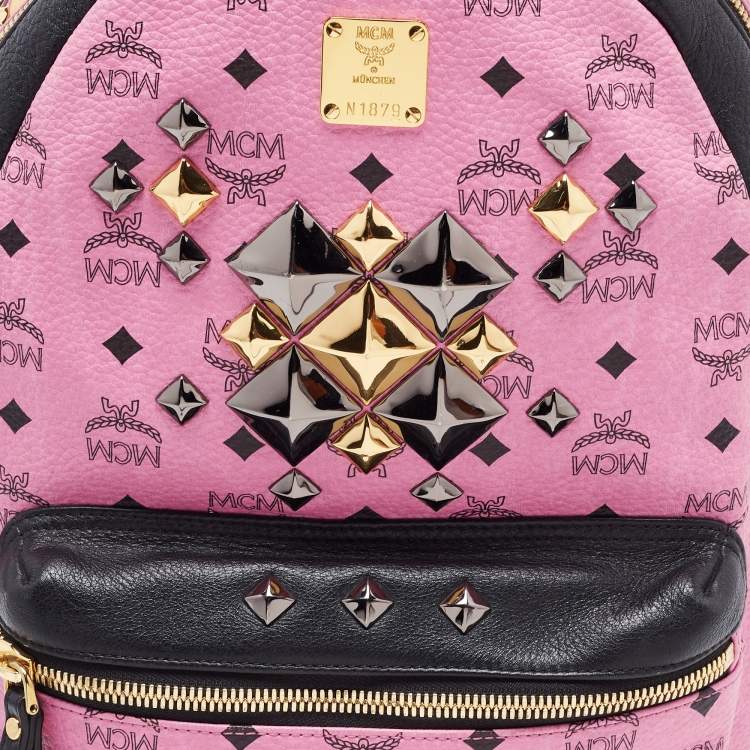 Pre Owned MCM Black/Pink Visetos Leather Large Studded Stark Backpack
