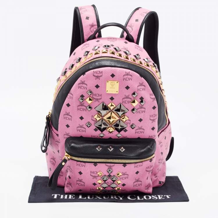 Pre Owned MCM Black/Pink Visetos Leather Large Studded Stark Backpack