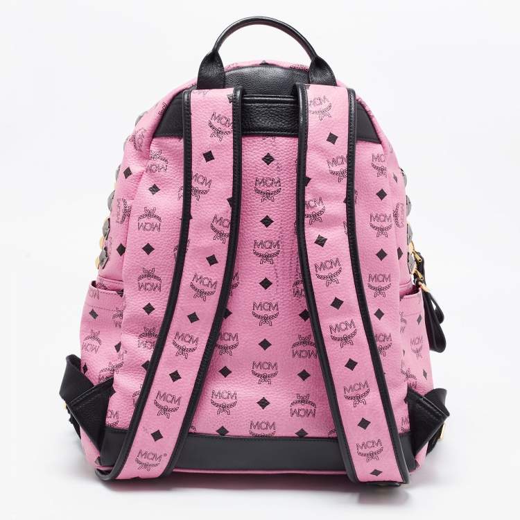 Pre Owned MCM Black/Pink Visetos Leather Large Studded Stark Backpack