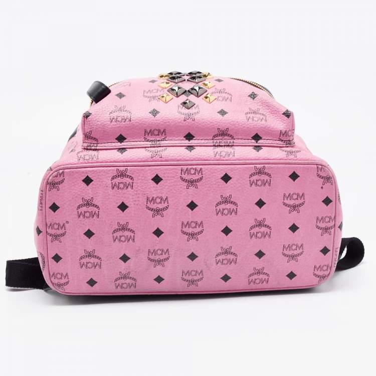 Pre Owned MCM Black/Pink Visetos Leather Large Studded Stark Backpack