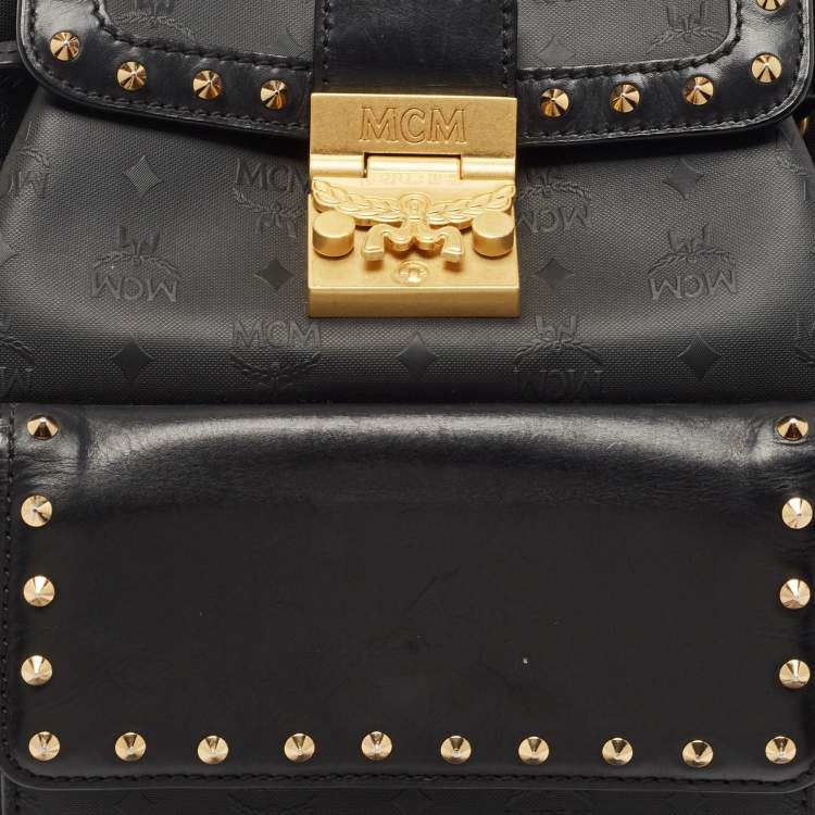 Pre Owned MCM Black Coated Canvas and Leather Studded Drawstring Backpack