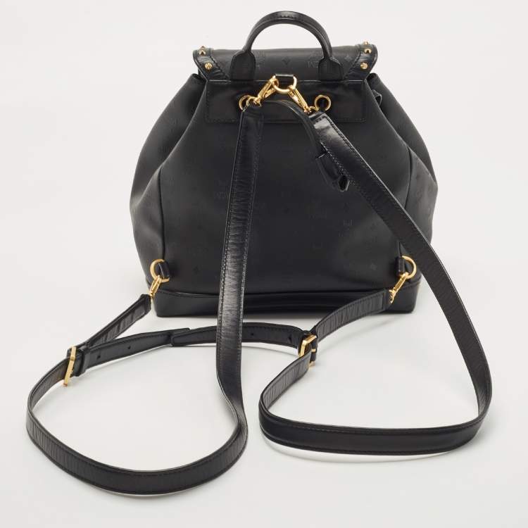 Pre Owned MCM Black Coated Canvas and Leather Studded Drawstring Backpack