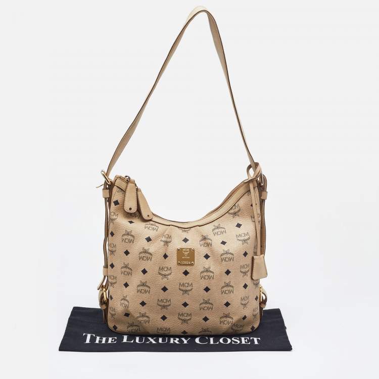 Pre Owned MCM Beige Visetos Coated Canvas and Leather Hobo