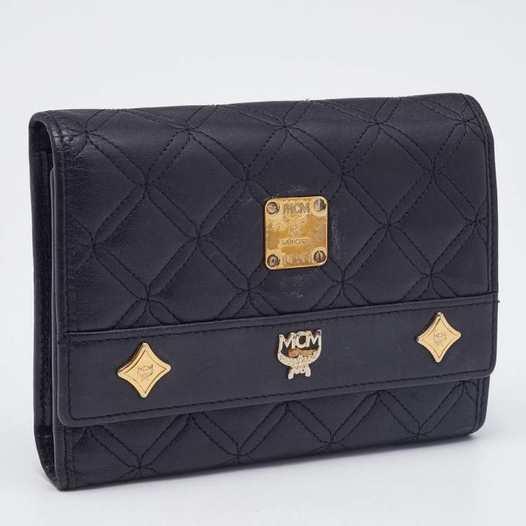 Pre Owned MCM Black Quilted Leather Embellished Flap Compact Wallet