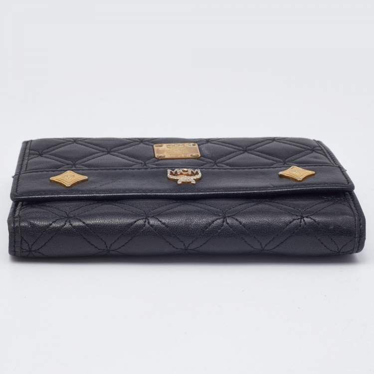 Pre Owned MCM Black Quilted Leather Embellished Flap Compact Wallet