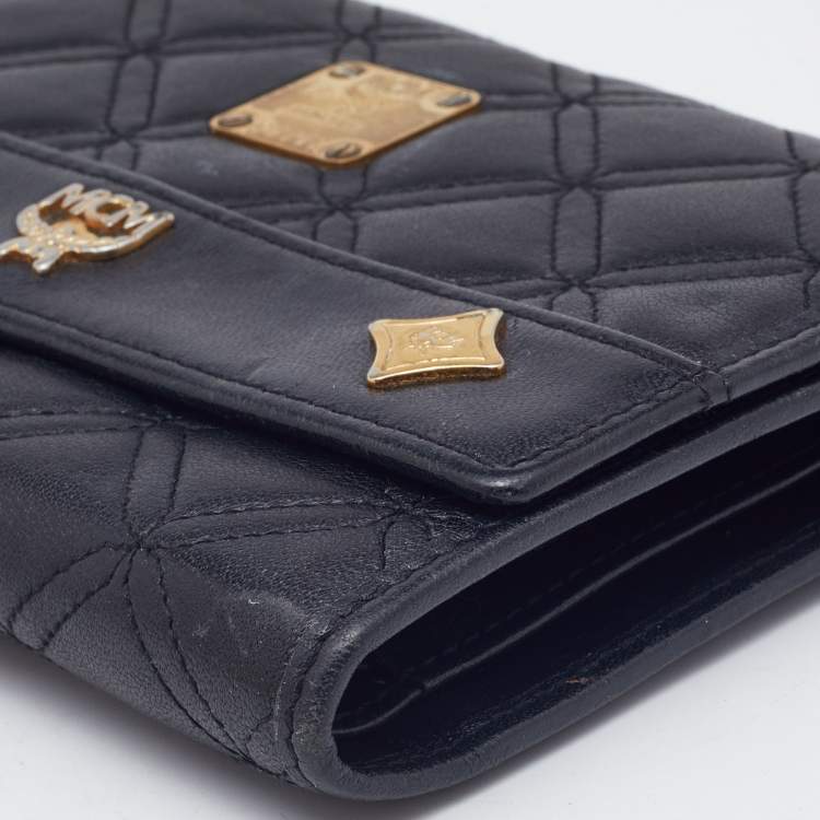 Pre Owned MCM Black Quilted Leather Embellished Flap Compact Wallet