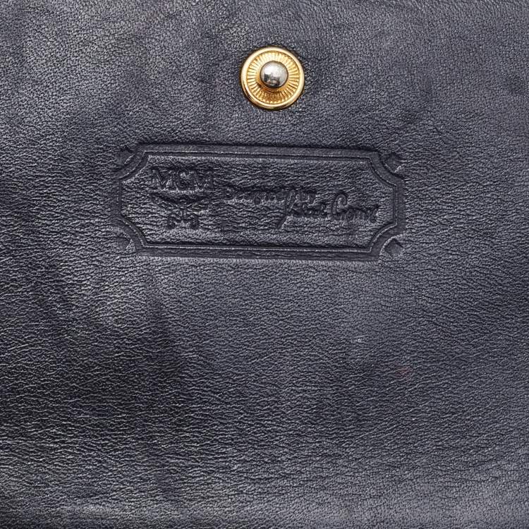 Pre Owned MCM Black Quilted Leather Embellished Flap Compact Wallet