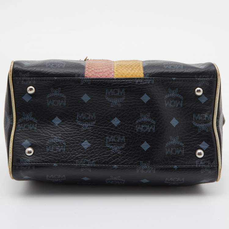 Pre Owned MCM Black/Gold Visetos Coated Canvas, Snakeskin Embossed and Leather Princess Lion Boston Bag