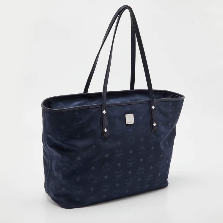 Pre Owned MCM Navy Blue Visetos Nylon and Leather Tote