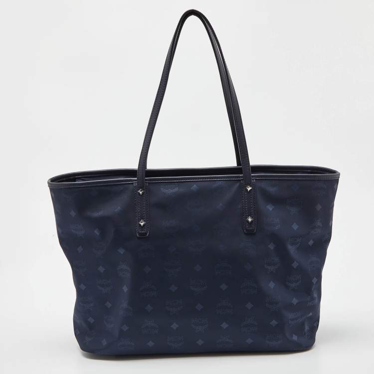 Pre Owned MCM Navy Blue Visetos Nylon and Leather Tote