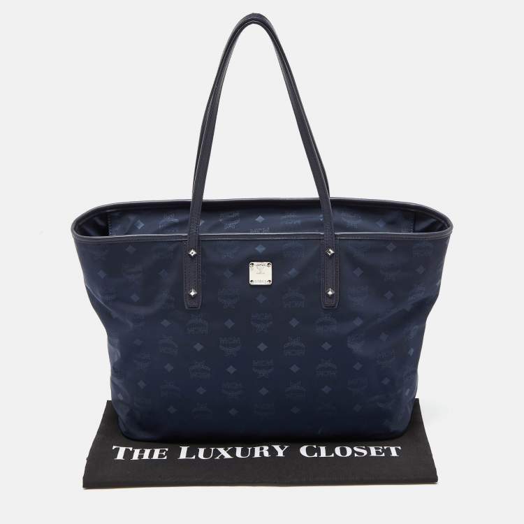 Pre Owned MCM Navy Blue Visetos Nylon and Leather Tote