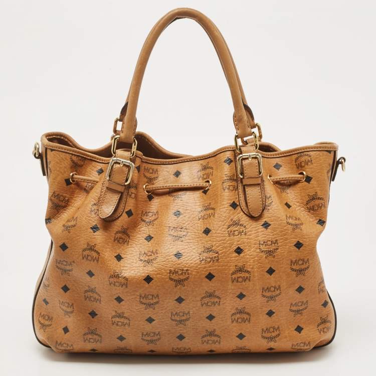 Pre Owned MCM Brown Cognac Visetos Coated Canvas Drawstring Bucket Bag
