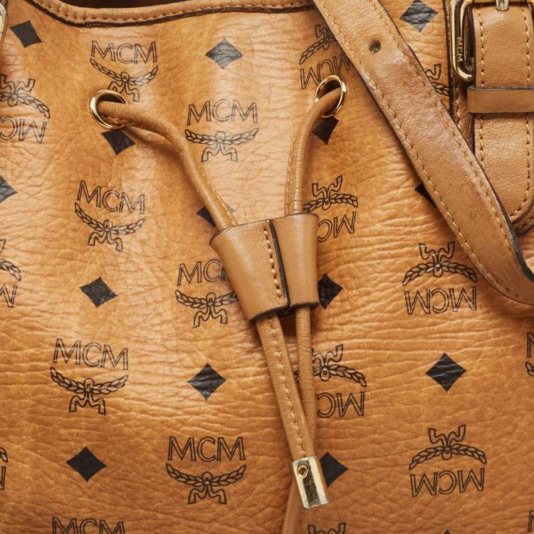 Pre Owned MCM Brown Cognac Visetos Coated Canvas Drawstring Bucket Bag