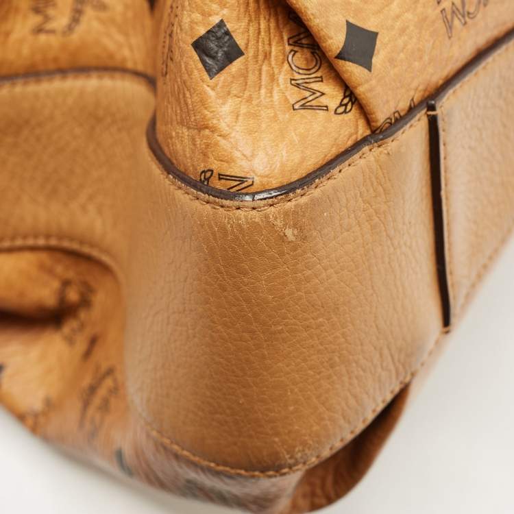 Pre Owned MCM Brown Cognac Visetos Coated Canvas Drawstring Bucket Bag