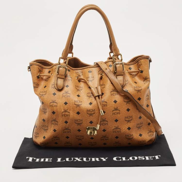 Pre Owned MCM Brown Cognac Visetos Coated Canvas Drawstring Bucket Bag