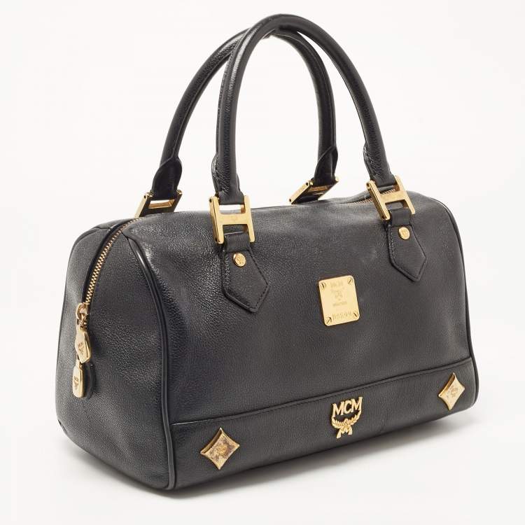 Pre Owned MCM Black Leather Embellished Boston Bag