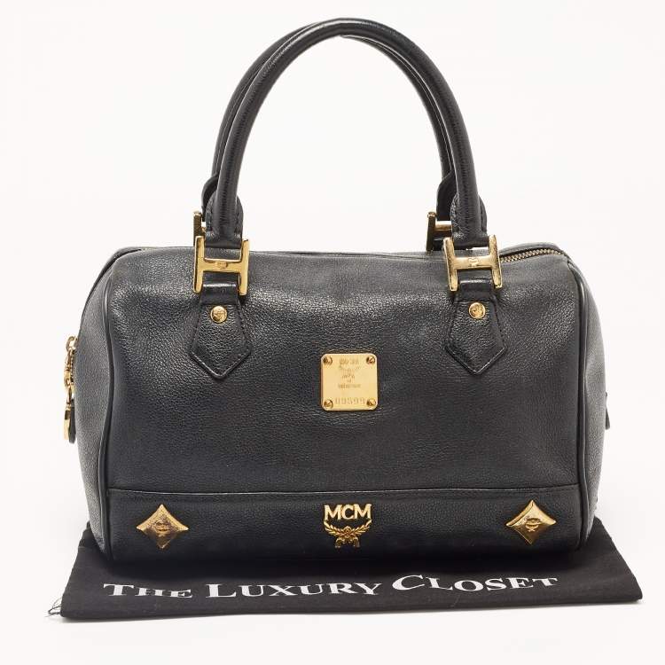 Pre Owned MCM Black Leather Embellished Boston Bag