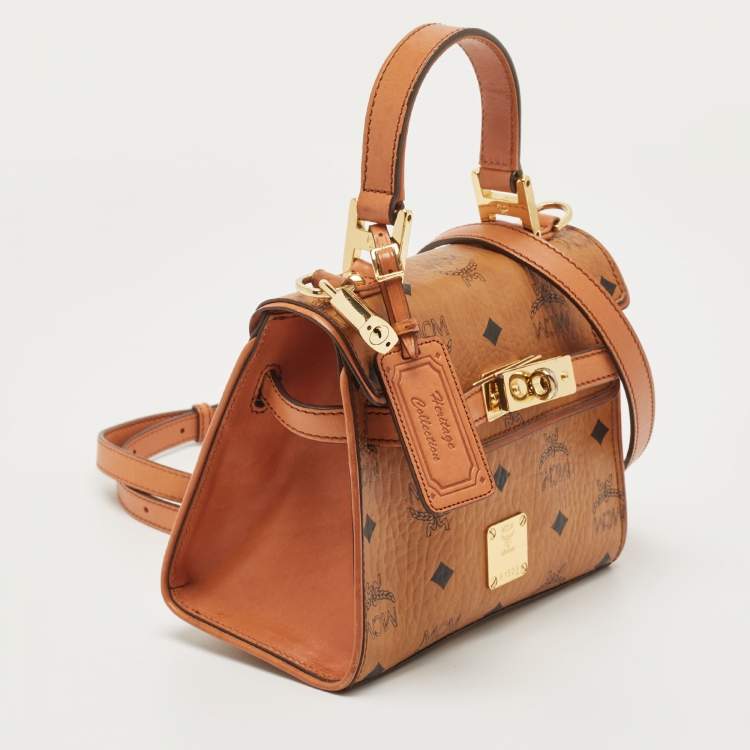 Pre Owned MCM Cognac Visetos Coated Canvas Heritage Top Handle Bag