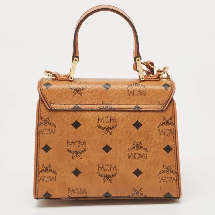 Pre Owned MCM Cognac Visetos Coated Canvas Heritage Top Handle Bag