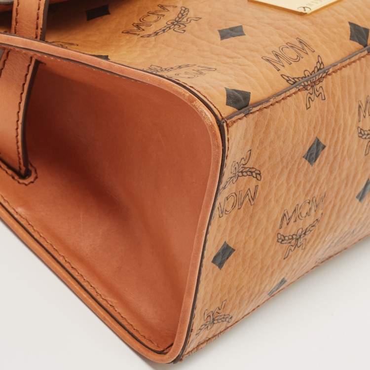 Pre Owned MCM Cognac Visetos Coated Canvas Heritage Top Handle Bag