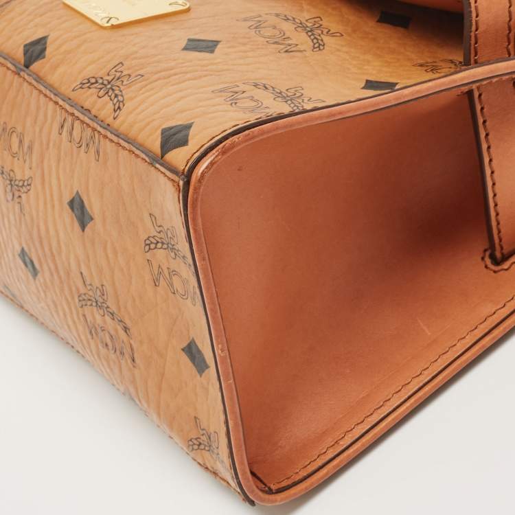 Pre Owned MCM Cognac Visetos Coated Canvas Heritage Top Handle Bag