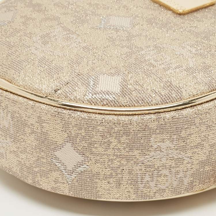 Pre Owned MCM Beige/Gold Lurex Fabric and Laminated Leather Round Crossbody Bag