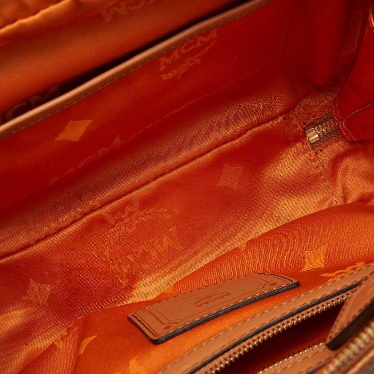 Pre Owned MCM Cognac Visetos Coated Canvas and Leather Top Handle Bag