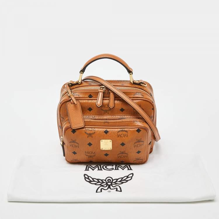Pre Owned MCM Cognac Visetos Coated Canvas and Leather Top Handle Bag