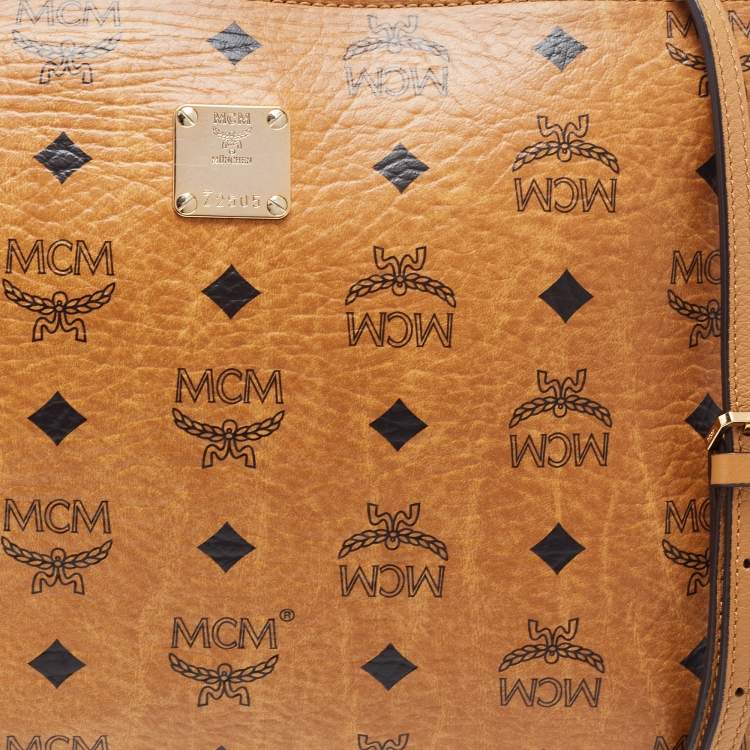 Pre Owned MCM Cognac Visetos Coated Canvas Zip Top Strap Pouch