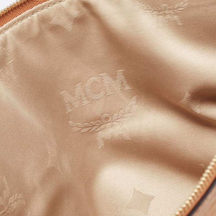 Pre Owned MCM Cognac Visetos Coated Canvas Zip Top Strap Pouch