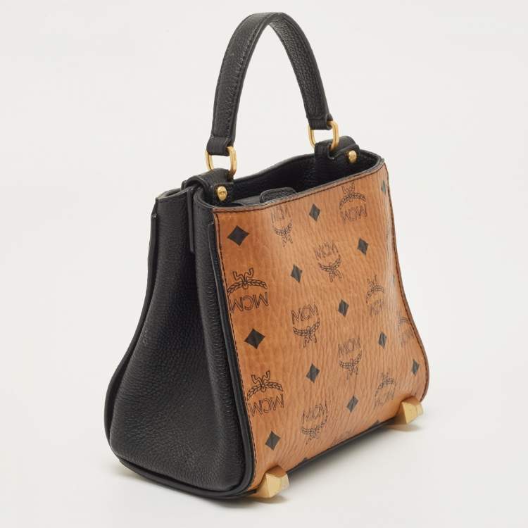 Pre Owned MCM Black/Cognac Visetos Leather Mini Corina Top Handle Bag