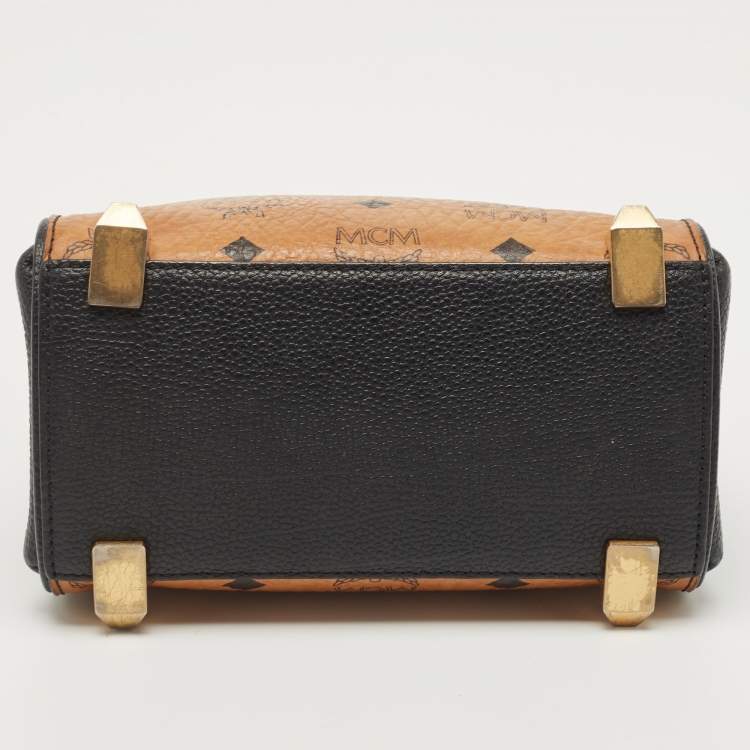 Pre Owned MCM Black/Cognac Visetos Leather Mini Corina Top Handle Bag
