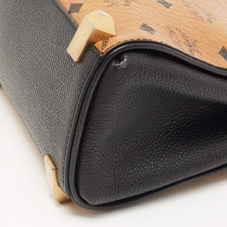 Pre Owned MCM Black/Cognac Visetos Leather Mini Corina Top Handle Bag