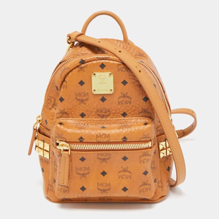 Pre Owned MCM Tan Visetos Coated Canvas and Leather Mini Studded Stark-Bebe Boo Backpack