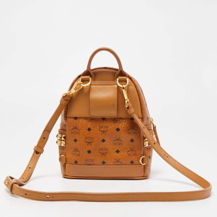 Pre Owned MCM Tan Visetos Coated Canvas and Leather Mini Studded Stark-Bebe Boo Backpack
