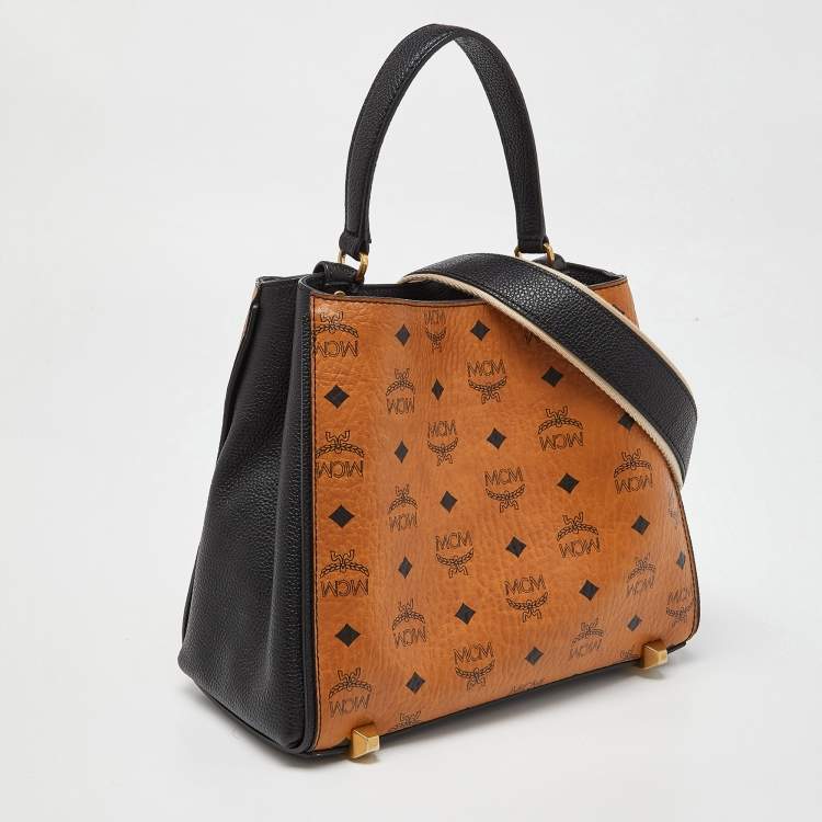 مملوكة مسبقًا MCM Cognac/Black Visetos Coated Canvas and Leather Corina Tote