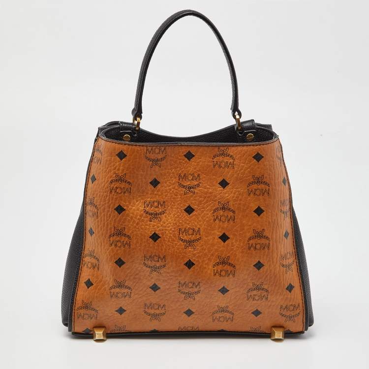 مملوكة مسبقًا MCM Cognac/Black Visetos Coated Canvas and Leather Corina Tote