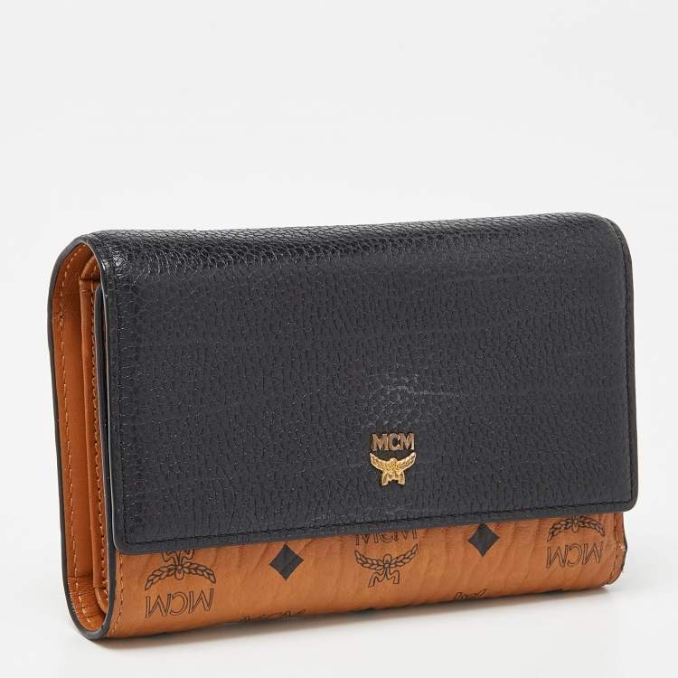 Pre Owned MCM Cognac/Black Visetos Coated Canvas and Leather Flap Trifold Wallet