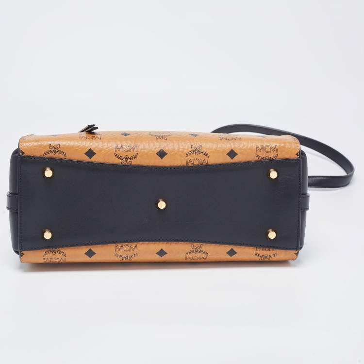 Pre Owned MCM Black/Cognac Visetos Leather Top Handle Bag