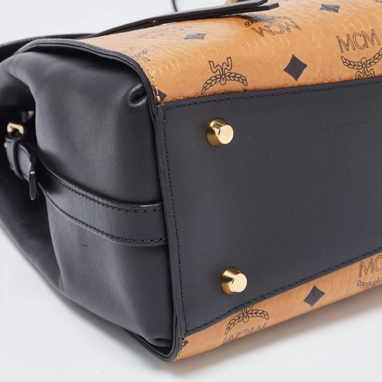 Pre Owned MCM Black/Cognac Visetos Leather Top Handle Bag