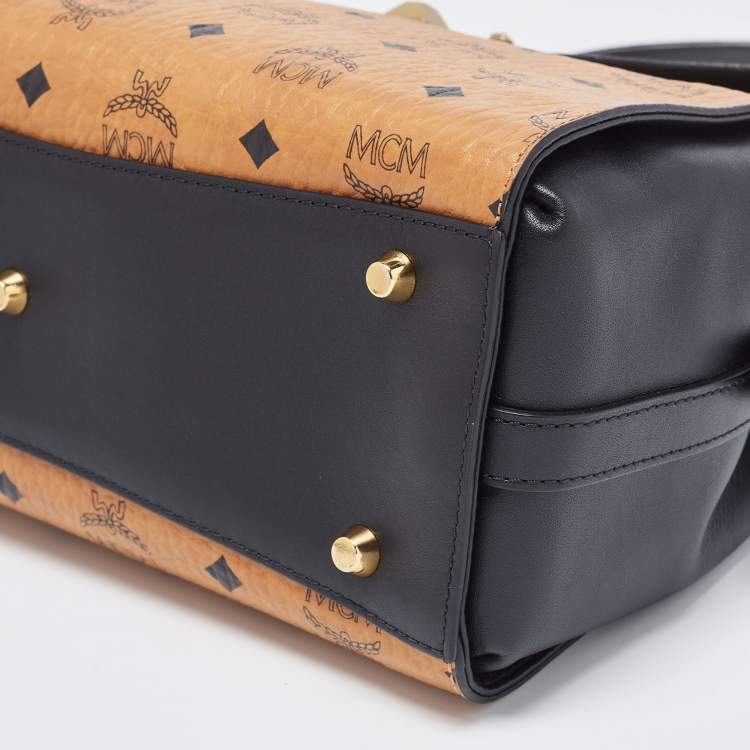 Pre Owned MCM Black/Cognac Visetos Leather Top Handle Bag