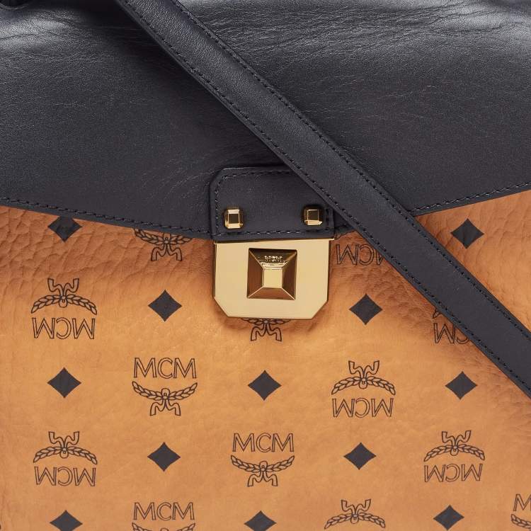 Pre Owned MCM Black/Cognac Visetos Leather Top Handle Bag