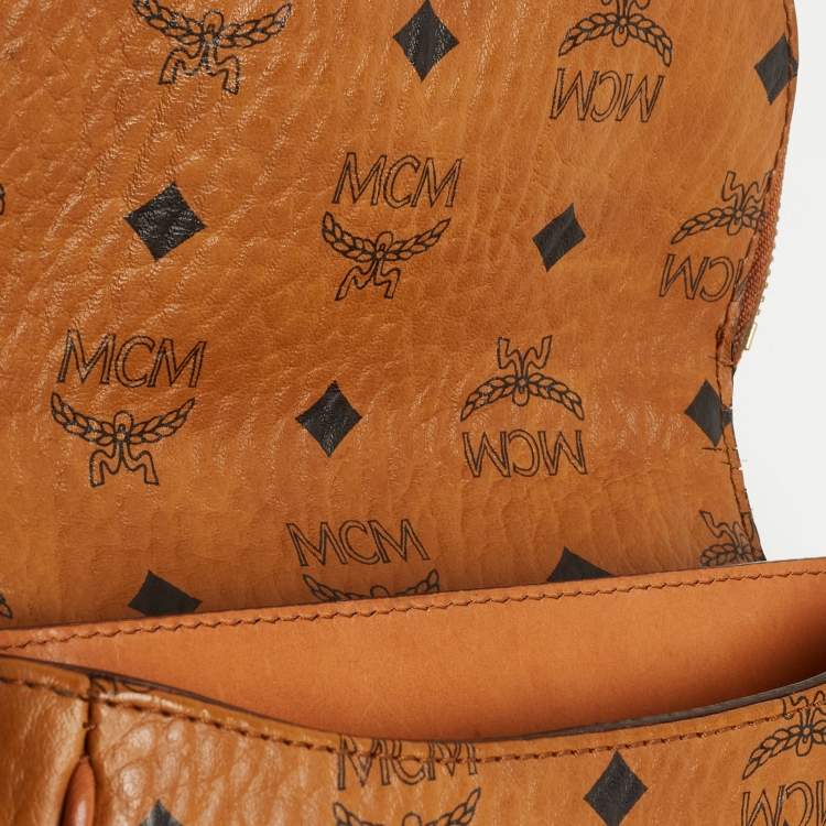 Pre Owned MCM Cognac Visetos Coated Canvas and Leather Flap Crossbody Bag