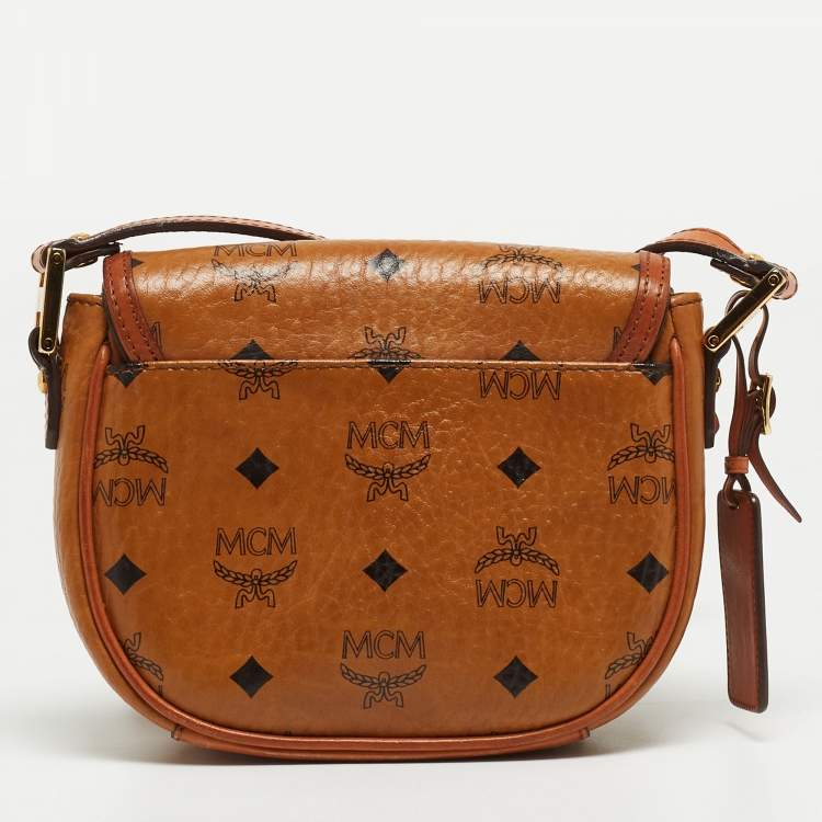 Pre Owned MCM Cognac Visetos Coated Canvas and Leather Flap Crossbody Bag