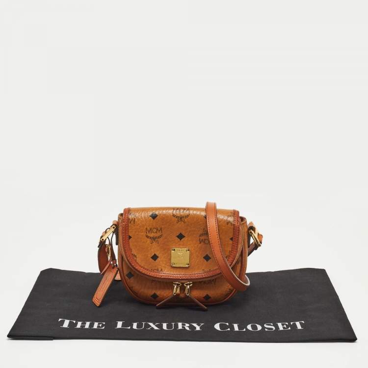 Pre Owned MCM Cognac Visetos Coated Canvas and Leather Flap Crossbody Bag