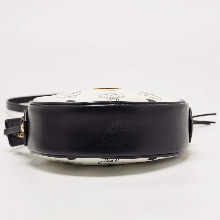 Pre Owned MCM Navy Blue/White Visetos Coated Canvas and Leather Tambourine Round Bag