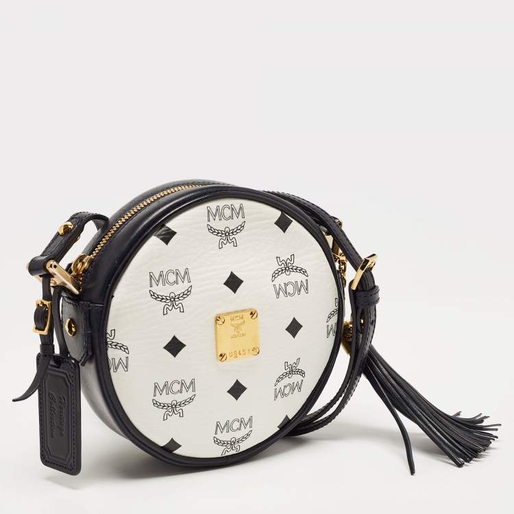 Pre Owned MCM Navy Blue/White Visetos Coated Canvas and Leather Tambourine Round Bag