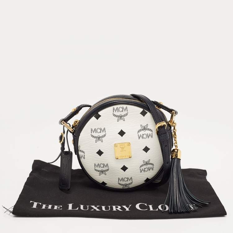 Pre Owned MCM Navy Blue/White Visetos Coated Canvas and Leather Tambourine Round Bag